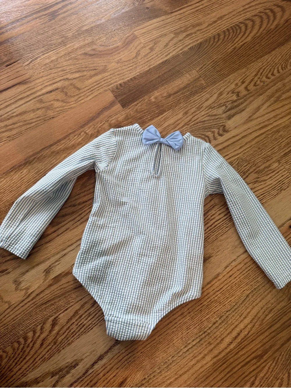 H&M cute  Long Sleeve Ribbed One-Piece Swimsuit in Light Blue and White 18M / 2T